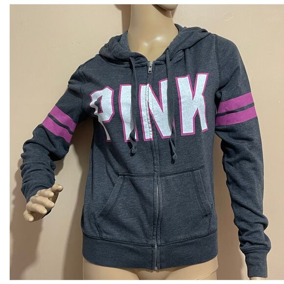 PINK VICTORIA'S SECRET Womens Full Zip Logo Sweatshirt Hoodie Gray Pink White XS - Picture 3 of 11